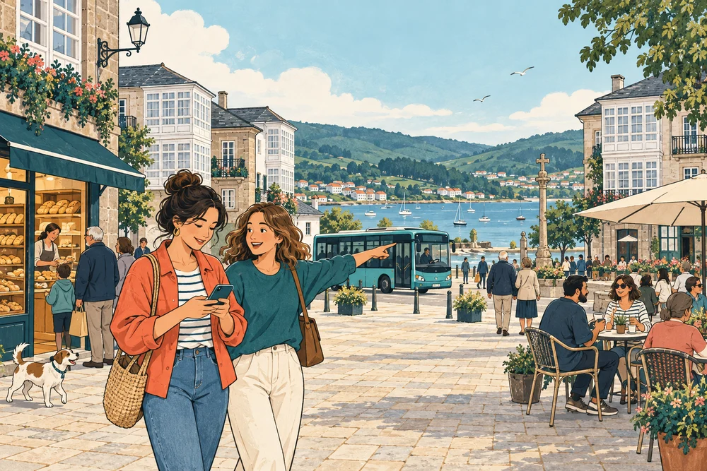 Ilustración dunha praza costeira con veciñas, comercios e un autobús